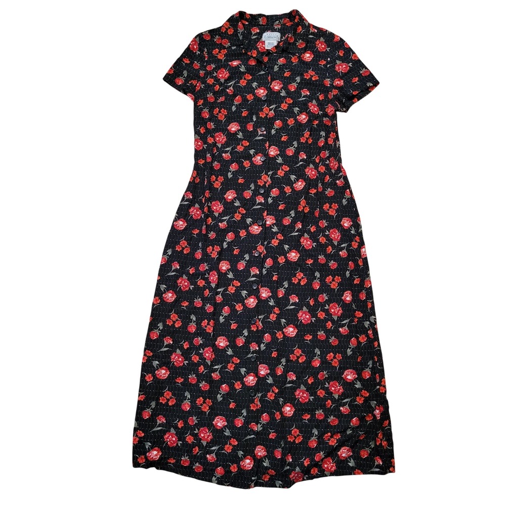 Basic‎ Editions M Midi Dress Black Red Floral Button Front 90s Vintage Cottage